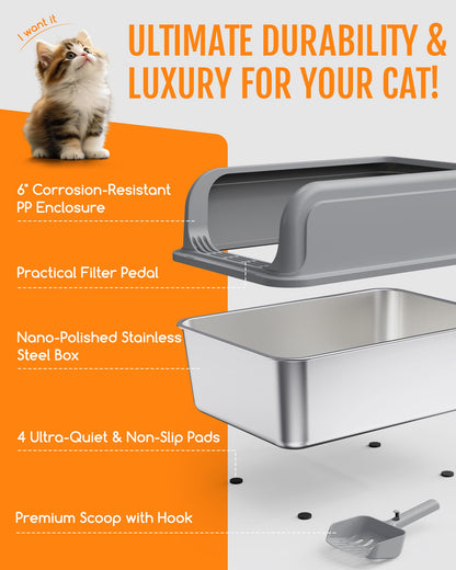 Powools Stainless Steel Cat Litter Box for Kittens, Metal Kitty Litter Box with Scoop, Anti-Leakage Top Entry, Non-Sticky, Easy to Clean, Grey, M (1 Pack) 🍁 All In One Marketplace Canada