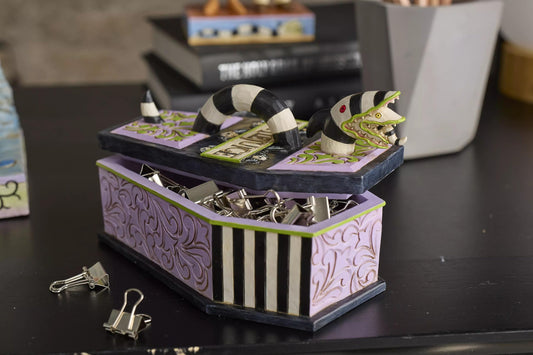 Enesco Beetlejuice by Jim Shore Coffin The Ghost with The Most Trinket Box- Resin Hand Painted Crafted Collectible Beetlejuice Sand Worm Striped Jewelry Box Halloween Home Decor Statue, 3.15 Inch