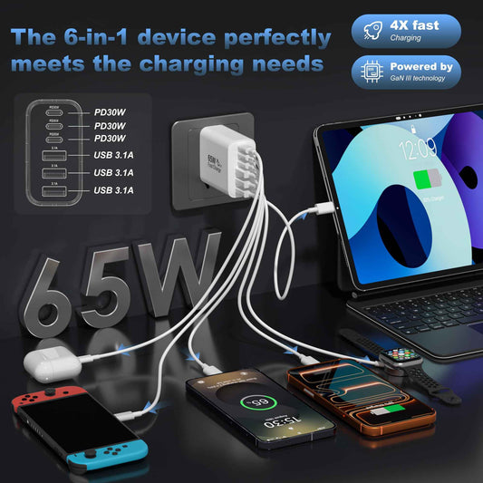 USB C Charger Block,65W 6-Port Multi Device Fast Charger PD QC Wall Adapter 🍁 All In One Marketplace Canada