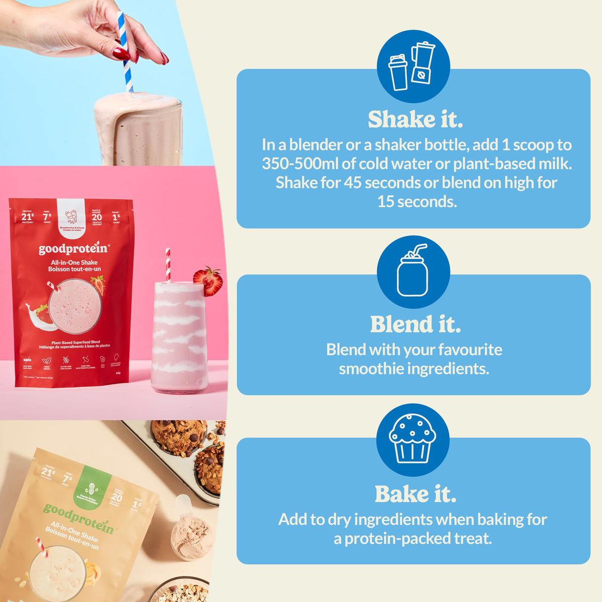 Good Protein Vegan Plant-based Protein Powder 100% Natural, Non-GMO, Dairy-free, Gluten-free, Soy-free, No Added Sugar and Nothing Artificial. Unflavoured All-in-One Shake 400 grams 🍁 All In One Marketplace Canada