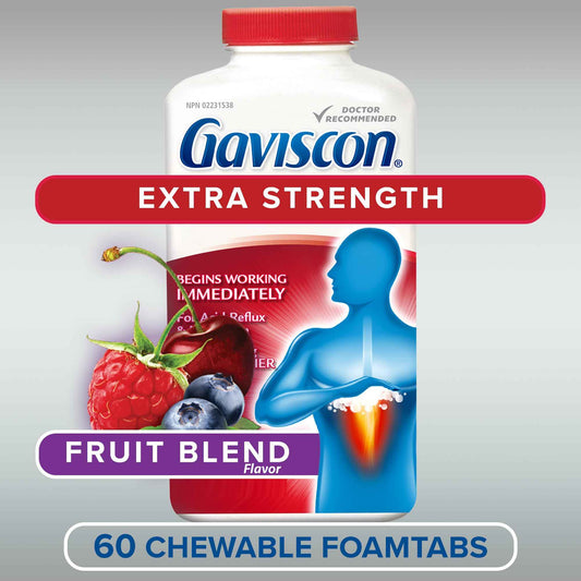 Gaviscon Extra Strength Tablets - 60 Count - Chewable Foaming Antacid Tablets for Day and Night Heartburn Relief, Acid Reflux and GERD Relief, Fruit Blend - Free of Aluminum, Lactose and Gluten 🍁 All In One Marketplace Canada
