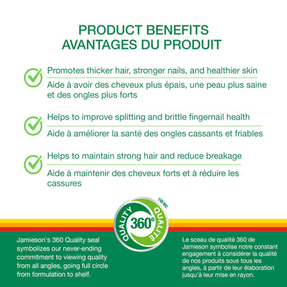 Jamieson Ultra Potency Biotin 10,000 mcg, 90 Softgels. Easy to Swallow, Supports Thicker Hair, Healthier Skin and Stronger Nails. No Artificial Flavours, Colours, or Preservatives, Proudly Canadian 🍁 All In One Marketplace Canada