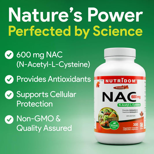 Nutridom NAC 600 mg, 300 Capsules, Canadian-Made N-Acetyl-L-Cysteine Supplement, Non-GMO, Vegan, Gluten Free, Made in Canada 🍁 All In One Marketplace Canada