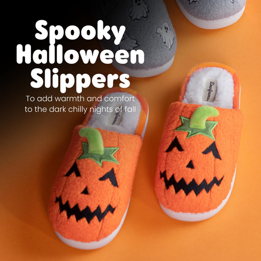 Dearfoams Unisex-Adult Spooky Fuzzy Halloween Pumpkin Jack O Lantern Slipper, Jack O Lantern, 13-14 Women/11-12 Men