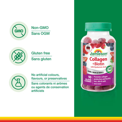 Jamieson Collagen and Biotin Bilayer Gummy with Hyaluronic Acid and Vitamin C, Mixed Berry Flavour, Healthy Hair, Skin & Nails, Supports Collagen Production, Source of Antioxidants, Beauty Gummy, NON-GMO, No Gluten, No Lactose, No Artificial Colours, Flav