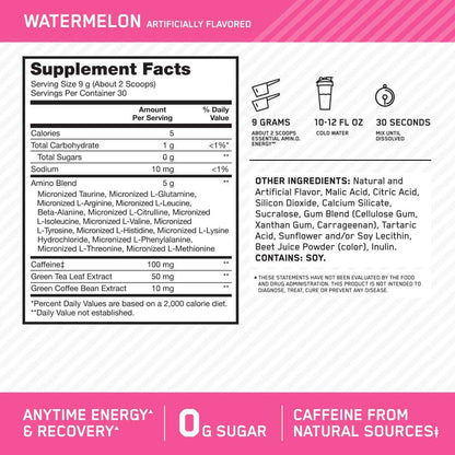 Optimum Nutrition Amino Energy Powder: Pre- workout & Anytime energy with Green tea, Green coffee extract + BCAA's - Watermelon: 30 servings [270g] (packaging may vary) 🍁 All In One Marketplace Canada