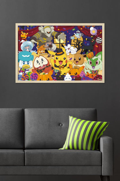 Pokémon: Halloween Party- Group Wall Poster, 34L" x 22.4W", Blonde Framed Version
