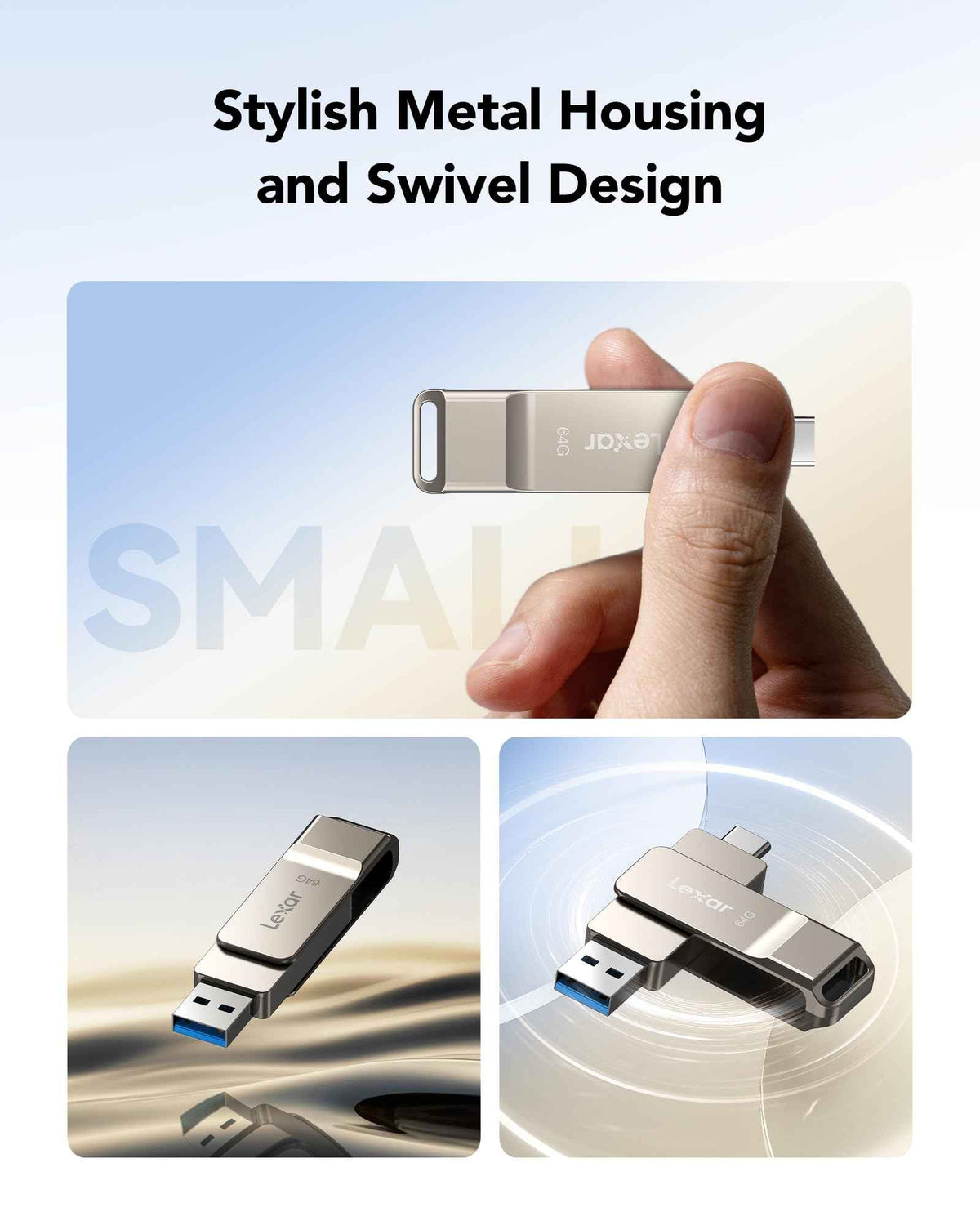 Lexar D40E 64GB Dual USB 3.2 Gen 1 Type-C Jump Drive, USB-C Flash Metal Housing Swivel Design Thumb Drive (Champagne Silver) 🍁 All In One Marketplace Canada