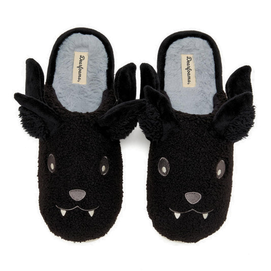 Dearfoams Unisex-Adult Spooky Fuzzy Halloween Pumpkin Jack O Lantern Slipper, Black Bat, 5-6 Women/3-4 Men