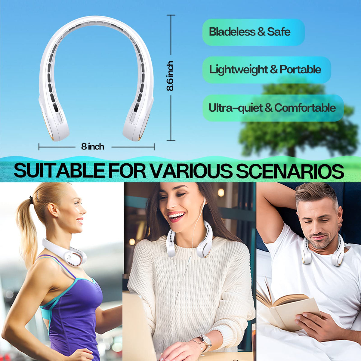 Neck Fan, Neck Fans Portable Rechargeable, Upgrade 360° Air Outlet, Super Quiet, 3 Speeds, 4000mAh Personal Bladeless Wearable Fan for Indoor Outdoor Travel-White 🍁 All In One Marketplace Canada