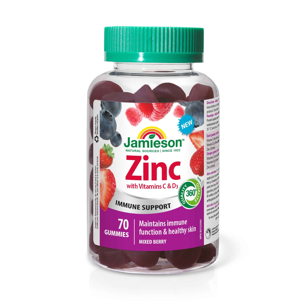 Jamieson Zinc 15 mg, 70 Gummies, Mixed Berry Flavour. With 50 mg Vitamin C and 400 IU Vitamin D3, Supports Immune Health, Bone Health, Healthy Hair, Skin, Nails. Vegetarian 🍁 All In One Marketplace Canada