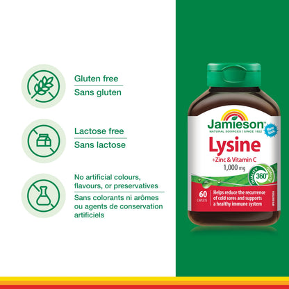 Jamieson Lysine 1,000 mg, with Zinc and Vitamin C, Cold Sore Support, and Helps Immune Health. Essential Amino Acid, Non-GMO, Gluten-Free, 60 Vegetarian Caplets, Proudly Canadian 🍁 All In One Marketplace Canada