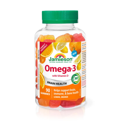 Jamieson Omega-3 Gummy with Vitamin D3, 90 Gummies, Orange and Lemon Flavours, Family Friendly (3+). Supports Brain Health and Immune Health, Non-GMO No Artificial Colours, Flavours, or Preservatives 🍁 All In One Marketplace Canada