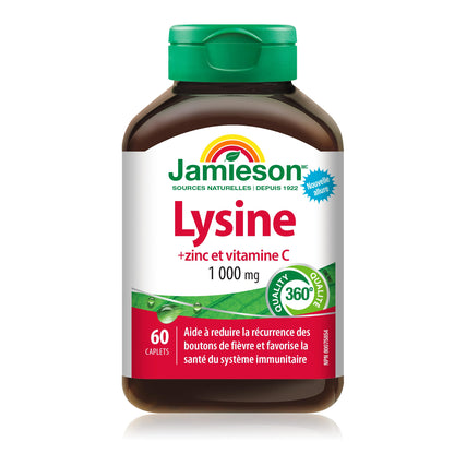 Jamieson Lysine 1,000 mg, with Zinc and Vitamin C, Cold Sore Support, and Helps Immune Health. Essential Amino Acid, Non-GMO, Gluten-Free, 60 Vegetarian Caplets, Proudly Canadian 🍁 All In One Marketplace Canada