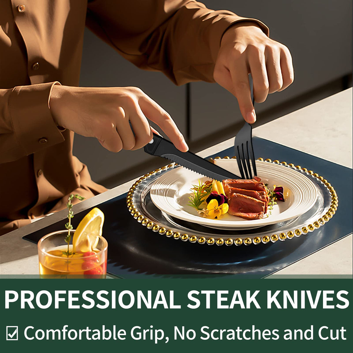 24-Piece Black Silverware Set with Steak Knives, Black Flatware Set for 4, Food-Grade Stainless Steel Tableware Cutlery Set, Mirror Finished Utensil Sets for Home Restaurant 🍁 All In One Marketplace Canada