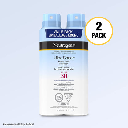 Neutrogena ultra Sheer Body Mist Sunscreen Spray Spf 30 Duo Pack With Uva/uvb Broad Spectrum Sun Protection, lightweight, Water-resistant, Oil-Free, non-comedogenic & Oxybenzone-Free, 2 X, 141 Grams 🍁 All In One Marketplace Canada