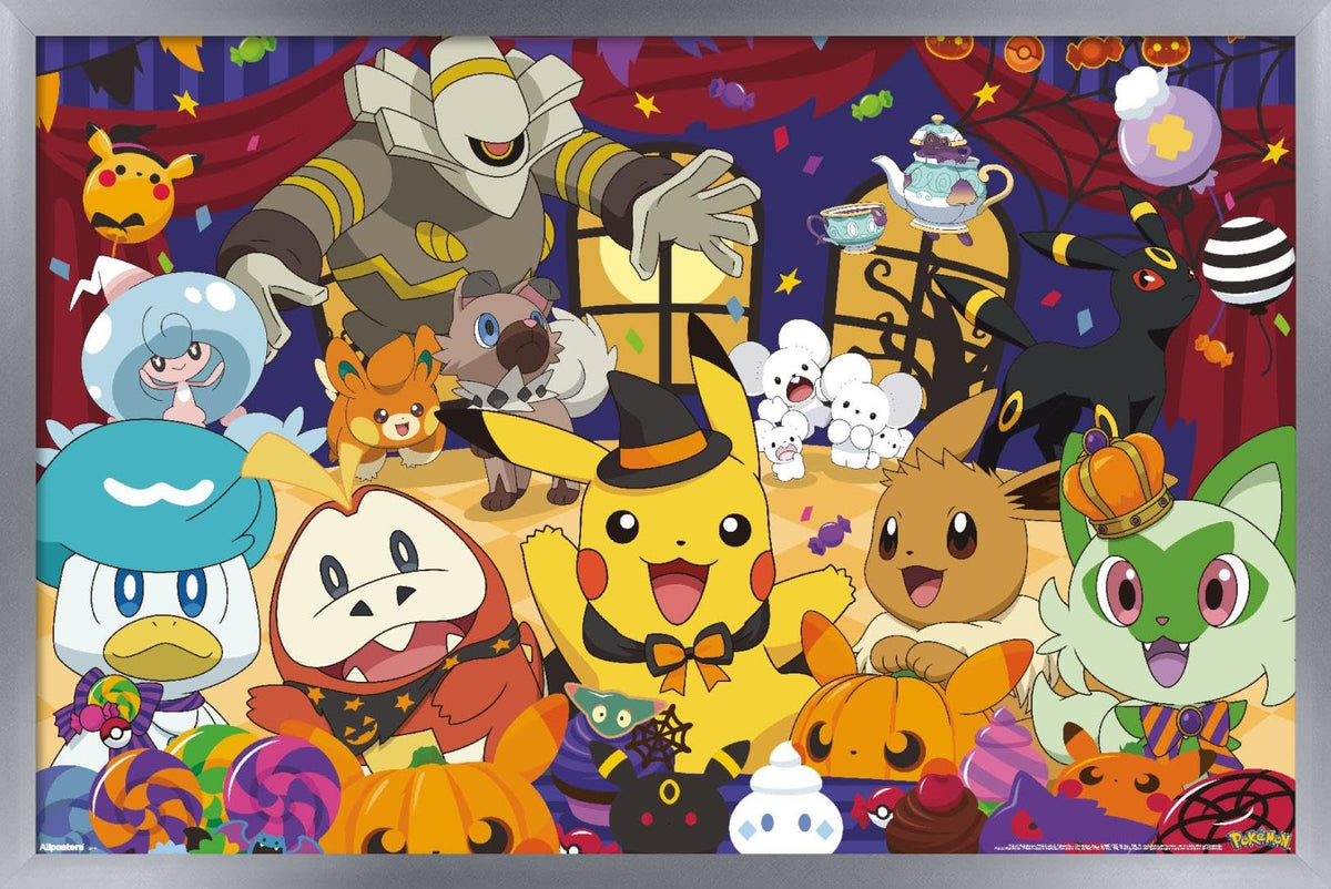 Pokémon: Halloween Party- Group Wall Poster, 22.4L" x 14.7W", Silver Framed Version