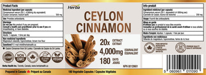 Herba Ceylon Cinnamon Capsules 4000mg - 180 Vegetable Capsules | Powerful 20:1 Extract from Sri Lanka | Equivalent to 4,000mg Dry Ceylon Cinnamon Powder | Made in Canada 🍁 All In One Marketplace Canada