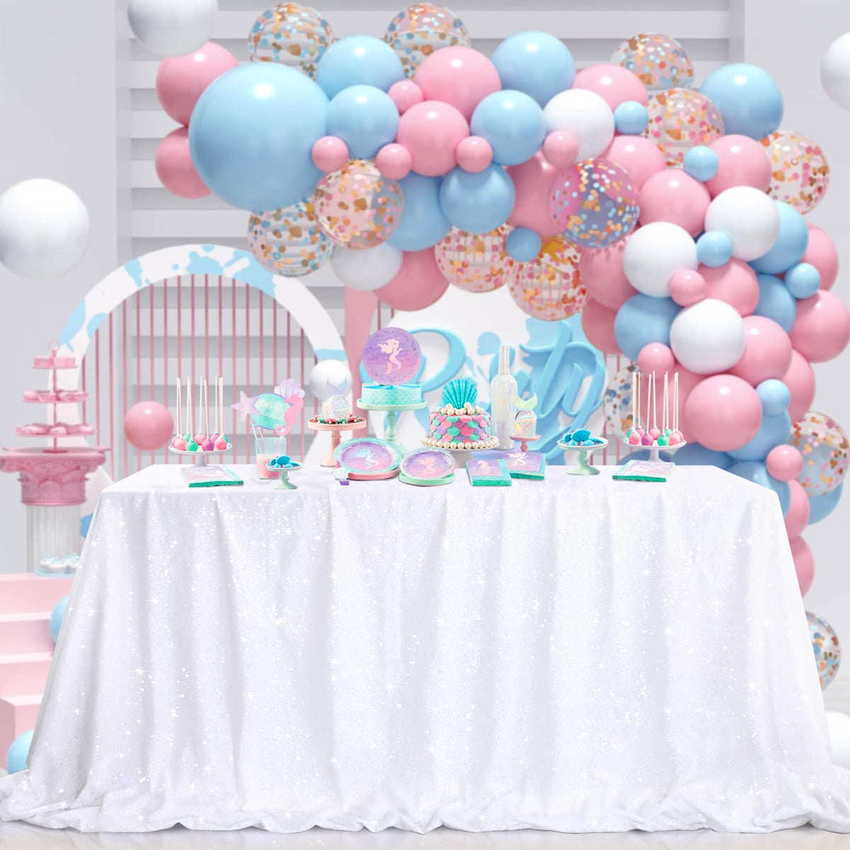 B-COOL Sequin Tablecloth White Wedding Table Decoration 90x90 Inch Sequin