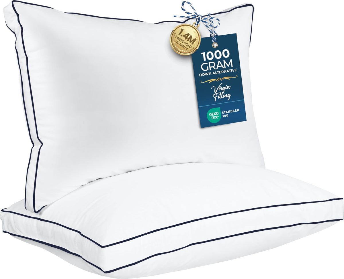 Utopia Bedding Bed Pillows for Sleeping Queen Size (Navy Hem), Set of 2, Cooling Hotel Quality, Gusseted Pillow for Back, Stomach or Side Sleepers 🍁 All In One Marketplace Canada