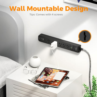 2 Pack Power Bar Surge Protector - 5 Widely Spaced Outlets 3 USB Charging Ports(2 USB C), 1875W/15A with 6Ft Braided Extension Cord, Flat Plug, Overload Surge Protection, Wall Mount for Home Office 🍁 All In One Marketplace Canada