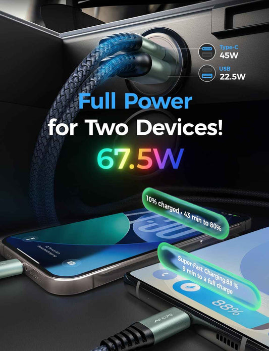 AINOPE 67.5W Mini Cigarette Lighter Adapter, [True Dual Fast Charge] Car Charger USB C Fast Charger, USB C Car Charger, Aero-Grade Metal 12V USB Outlet for iPhone 17 16 Pro Max Air Samsung Android 🍁 All In One Marketplace Canada