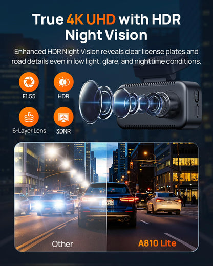 70mai A810 Lite 4K Dash Cam Front and Rear, 5GHz WiFi 6 DashCam, Car Camera with GPS Tracking, HDR Night Vision, 24H Parking Mode, Voice Control, Emergency Lock, Loop Recording, Support 512GB Max 🍁 All In One Marketplace Canada