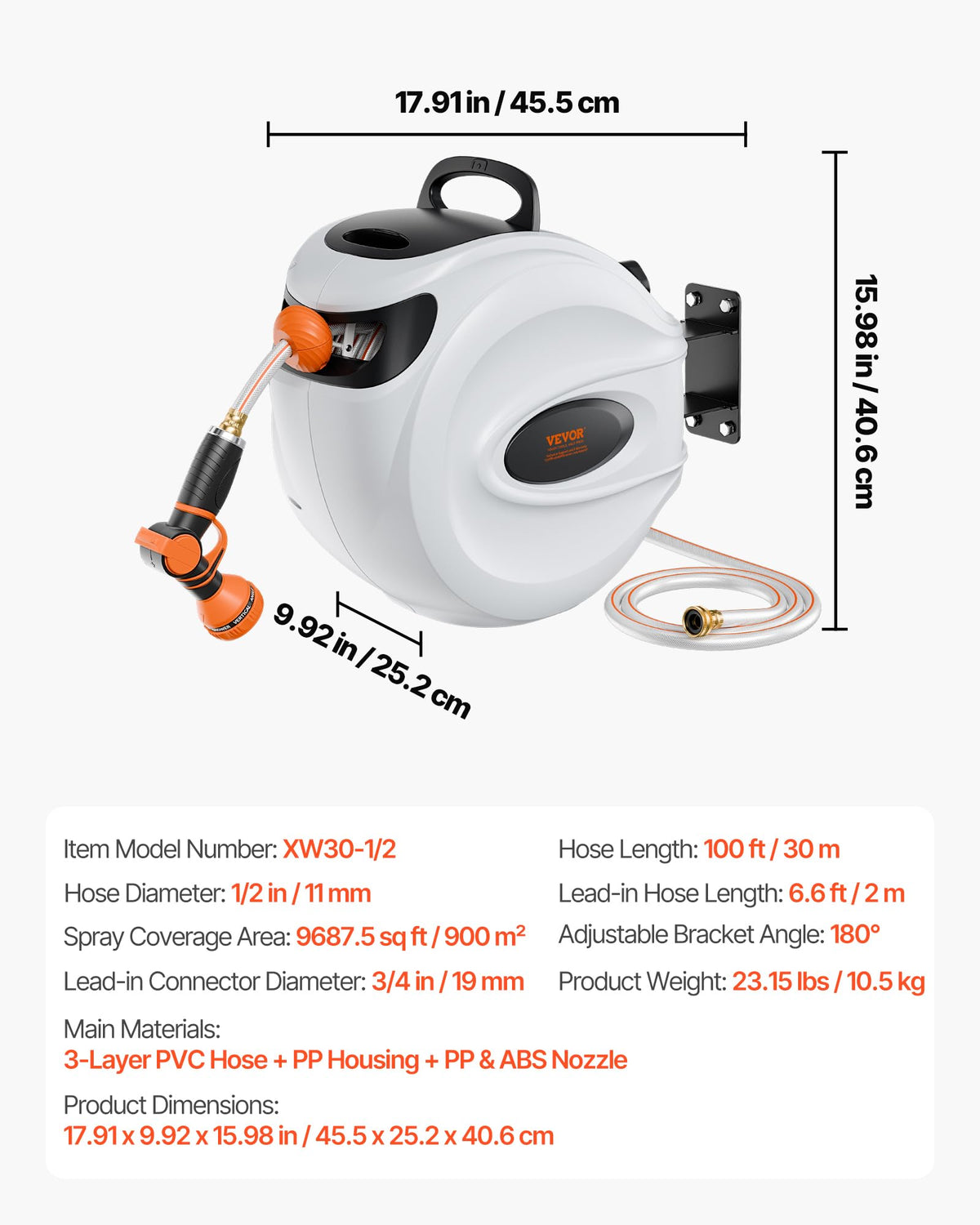 VEVOR Retractable Hose Reel, 100 ft x 1/2 inch, 180° Swivel Bracket Wall-Mounted, Garden Water Hose Reel with 9-Pattern Nozzle, Automatic Rewind, Lock at Any Length, and Slow Return System 🍁 All In One Marketplace Canada