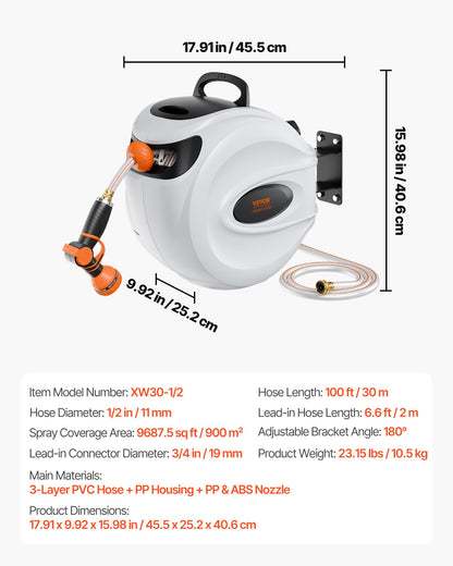 VEVOR Retractable Hose Reel, 100 ft x 1/2 inch, 180° Swivel Bracket Wall-Mounted, Garden Water Hose Reel with 9-Pattern Nozzle, Automatic Rewind, Lock at Any Length, and Slow Return System 🍁 All In One Marketplace Canada