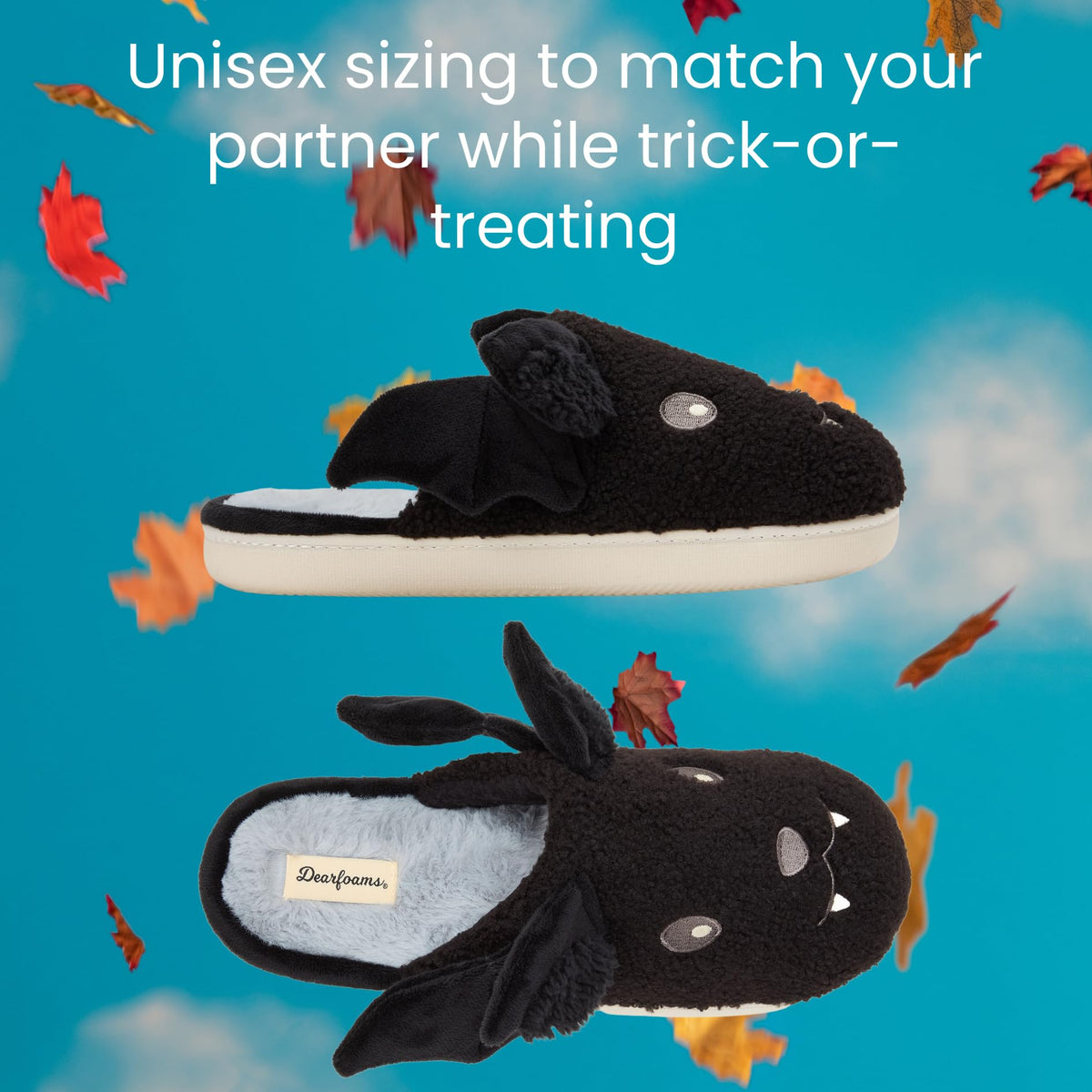 Dearfoams Unisex-Adult Spooky Fuzzy Halloween Pumpkin Jack O Lantern Slipper, Black Bat, 11-12 Women/9-10 Men