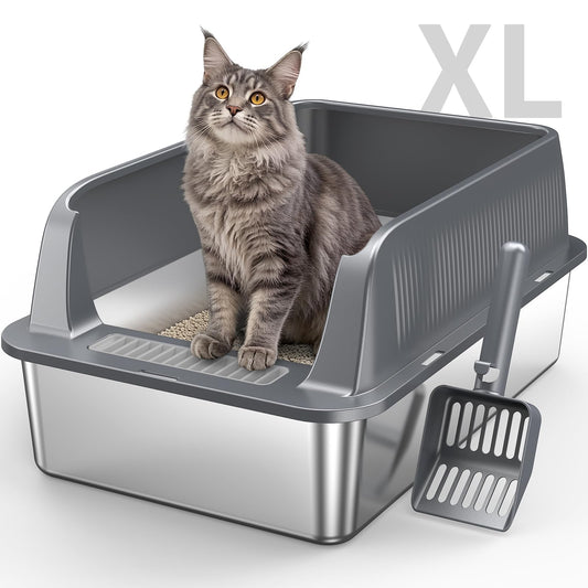 XL Stainless Steel Cat Litter Box with High Sides Lid, Large Litter Box for Big&Multiple Cats, Metal Kitty Litter Boxes with Anti-Leakage Enclosure,Non-Stick,Scoop Included 🍁 All In One Marketplace Canada