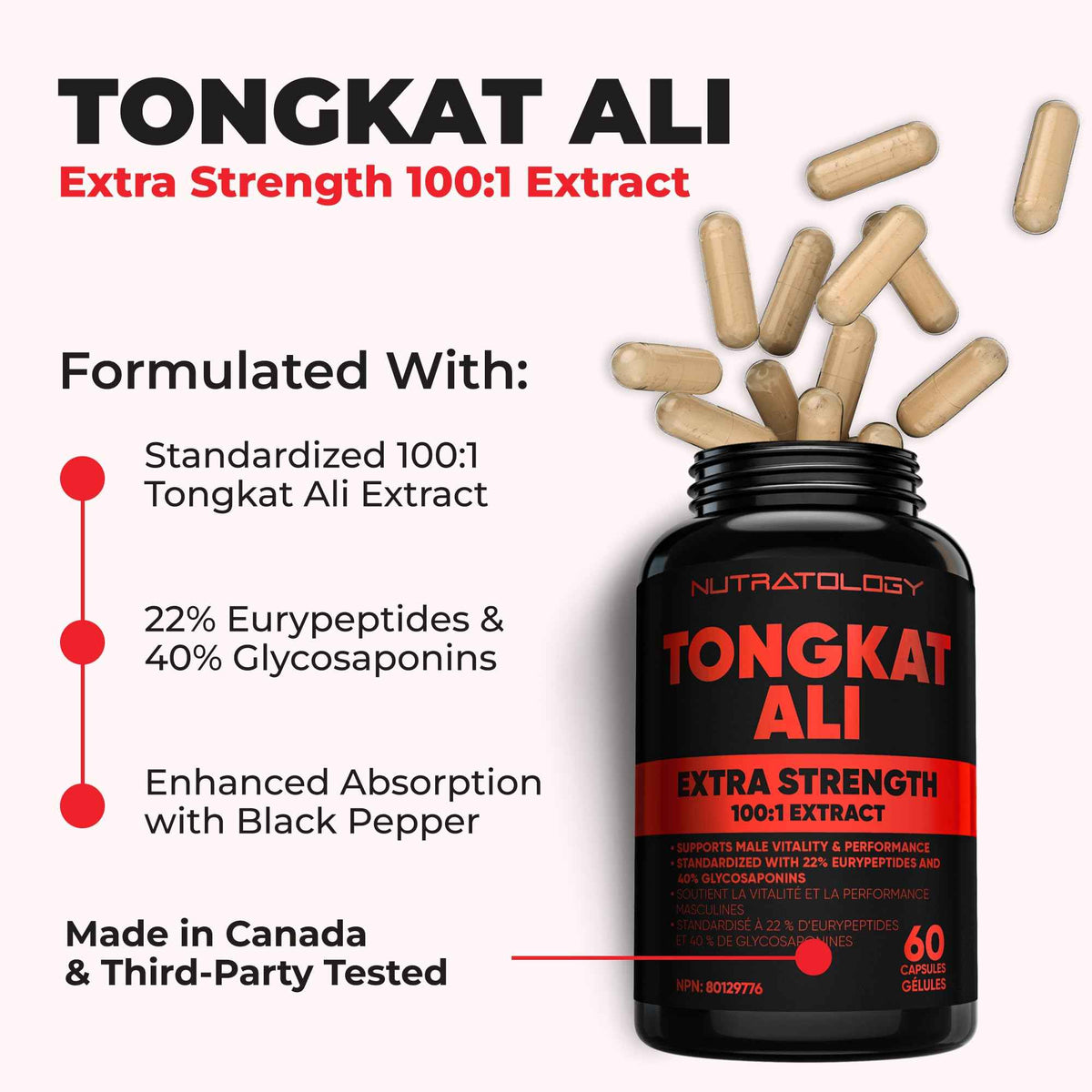 Nutratology® Tongkat Ali Supplement For Men | Canadian Made | 100:1 Extra Strength Tongkat Ali Extract + Black Pepper | Supports Male Vitality & Performance | 60 Capsules 🍁 All In One Marketplace Canada