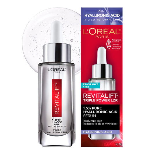 L’Oréal Paris 1.5% Pure Hyaluronic Acid Serum, Hydrates and Plumps Skin, Reduces the Look of Wrinkles, Revitalift Face Serum, For All Skin Tones & Types, Fragrance Free, Non Comedogenic, 30ml 🍁 All In One Marketplace Canada