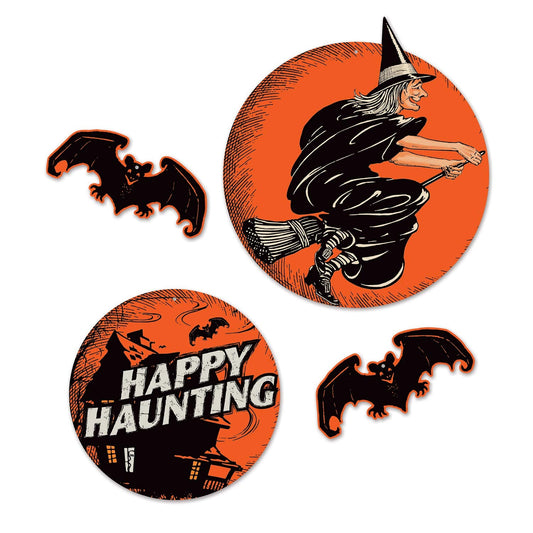Beistle 4 Piece Vintage Halloween Cut Outs Retro Haunted House, Witch and Bat Indoor Decorations for Home and Office, 11.75" - 18.25", Black/Orange/White