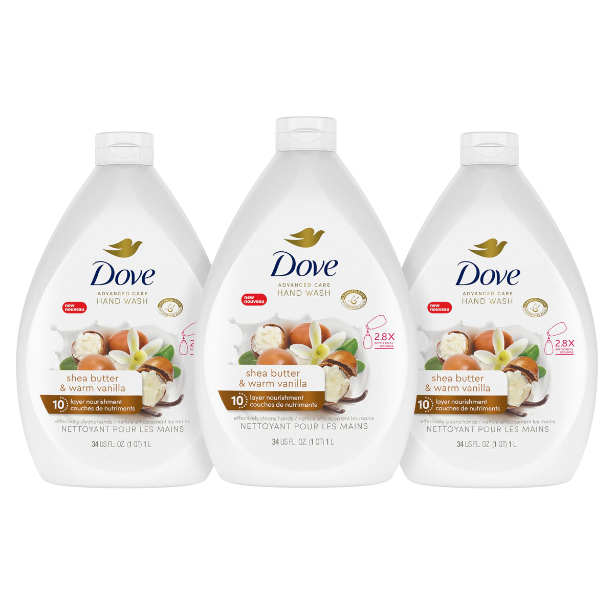 Dove Advanced Care Shea Butter & Warm Vanilla Hand Wash for soft, smooth skin, Bottle Refill nourishes skin 10 layers deep, 1 L (Pack Of 3) 🍁 All In One Marketplace Canada
