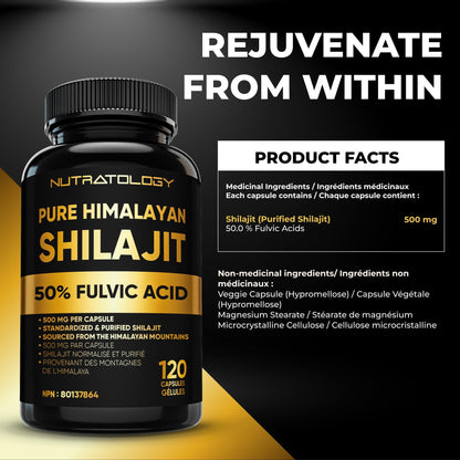 Nutratology® Pure Shilajit Capsules | 50% Fulvic Acid | High Potency & Purity - Sourced from the Himalayan Mountains - Shilajit for Men & Women - 120 Count 🍁 All In One Marketplace Canada