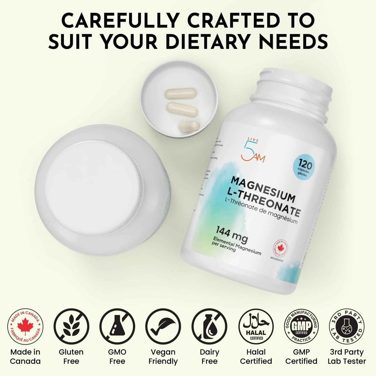 Live 5AM Magnesium L-Threonate | 144 mg Elemental Magnesium per 3 Capsules, Helps in Energy Metabolism, Bone and Teeth Maintenance, Muscle Function and Electrolyte Balance, 120 Vegan Capsules, Made in Canada 🍁 All In One Marketplace Canada