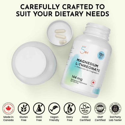 Live 5AM Magnesium L-Threonate | 144 mg Elemental Magnesium per 3 Capsules, Helps in Energy Metabolism, Bone and Teeth Maintenance, Muscle Function and Electrolyte Balance, 120 Vegan Capsules, Made in Canada 🍁 All In One Marketplace Canada