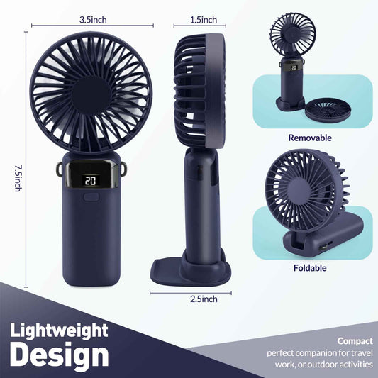 Portable Handheld Fan Rechargeable Small Fan 5 Speeds with Lanyard and Base USB Desk Fan Foldable Quiet Personal Fan with LED Display for Office, Home, Travel, Outdoor 🍁 All In One Marketplace Canada
