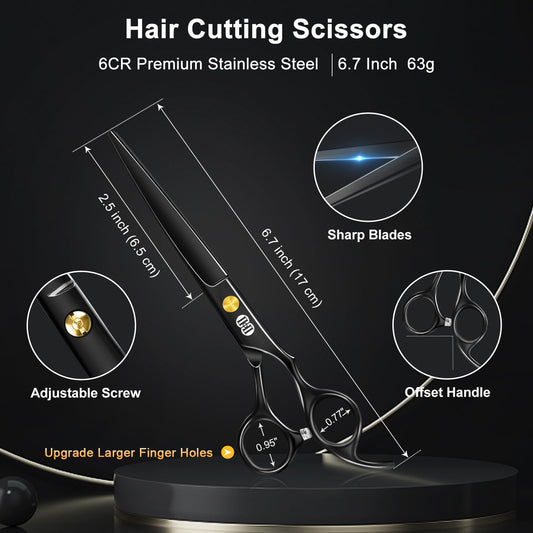 CIICII Hair Cutting Scissors Shears Kit, Professional Barber Haircut Scissors Set (6.7 Inch Hair Beard Hairdressing Trimming Haircutting Thinning Shears) for Men Women Hairdresser Home Salon (Black) 🍁 All In One Marketplace Canada