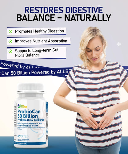 Allbe Probiotics for Men & Womens - 50 Billion CFU with 11 Strains, Lactobacillus, Acidophilus and L. Gasseri - Support Gut Health, Digestion, Weight Management and Bloating Relief - 60 Vegan Capsules, 1 Per Day 🍁 All In One Marketplace Canada
