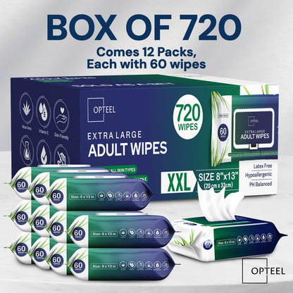 Adult Wipes For Elderly - 8"x13" 720ct (12 Packs of 60) Huge & Soft Non-Flushable Body Wipes for Adults Bathing No-Rinse - Incontinence Disposable Washcloths, Vitamin E & Aloe Infused 🍁 All In One Marketplace Canada