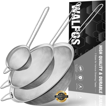 Walfos Fine Mesh Strainers Set, Premium Stainless Steel Sieve and Sifter with Sturdy Handle, Metal Kitchen Strainers Perfect for for Food, Rice, Quinoa, Fruit, Tea, Flour- 3 Sizes 🍁 All In One Marketplace Canada