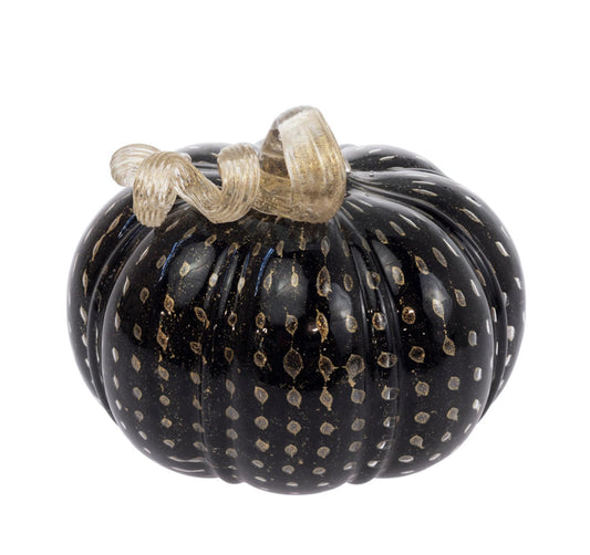 Boston International Hand Blown Glass Pumpkin Tabletop Mantel Shelf Fall Autumn Thanksgiving Halloween Decorations for Home, Small, Black & Gold