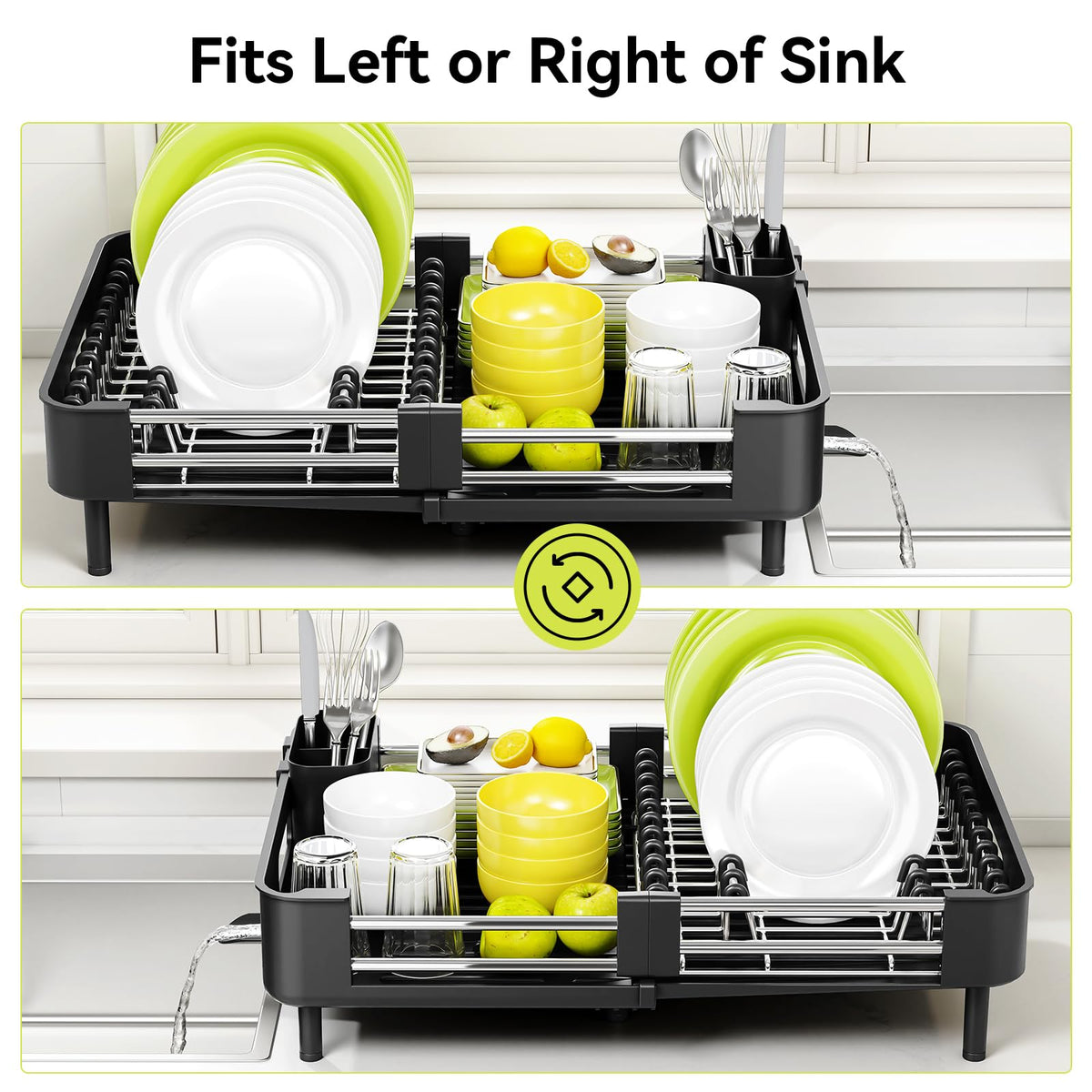Urackify Extendable Dish Drying Rack, Dual Part Dish Drainers with Non-Scratch and Movable Cutlery Drainer and Drainage Spout, Adjustable Dish Rack for Kitchen,Black 🍁 All In One Marketplace Canada