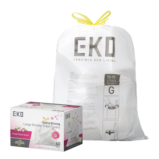 EKO Extra Strong 21 Gallon Large Trash Bags, Heavy-Duty Drawstring Kitchen & Household Garbage Bags (80L), Leak-Resistant, Fresh Floral Scent, Continuous Odor Control, 60 Count, Code G 🍁 All In One Marketplace Canada
