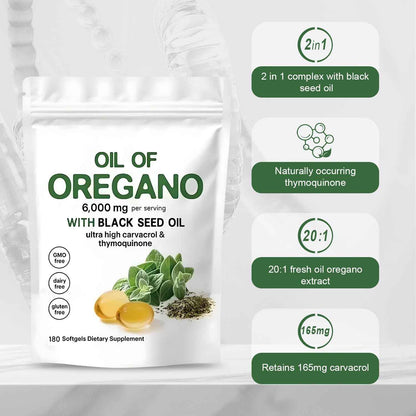 Oil of Oregano Softgels 6000mg Per Serving, 2 in 1 Formulated with Black Seed Oil 200mg, 4X Strength Carvacrol & Thymoquinone | Plant Based, Non-GMO & Immune Support (180 Count/1 Bag) 🍁 All In One Marketplace Canada