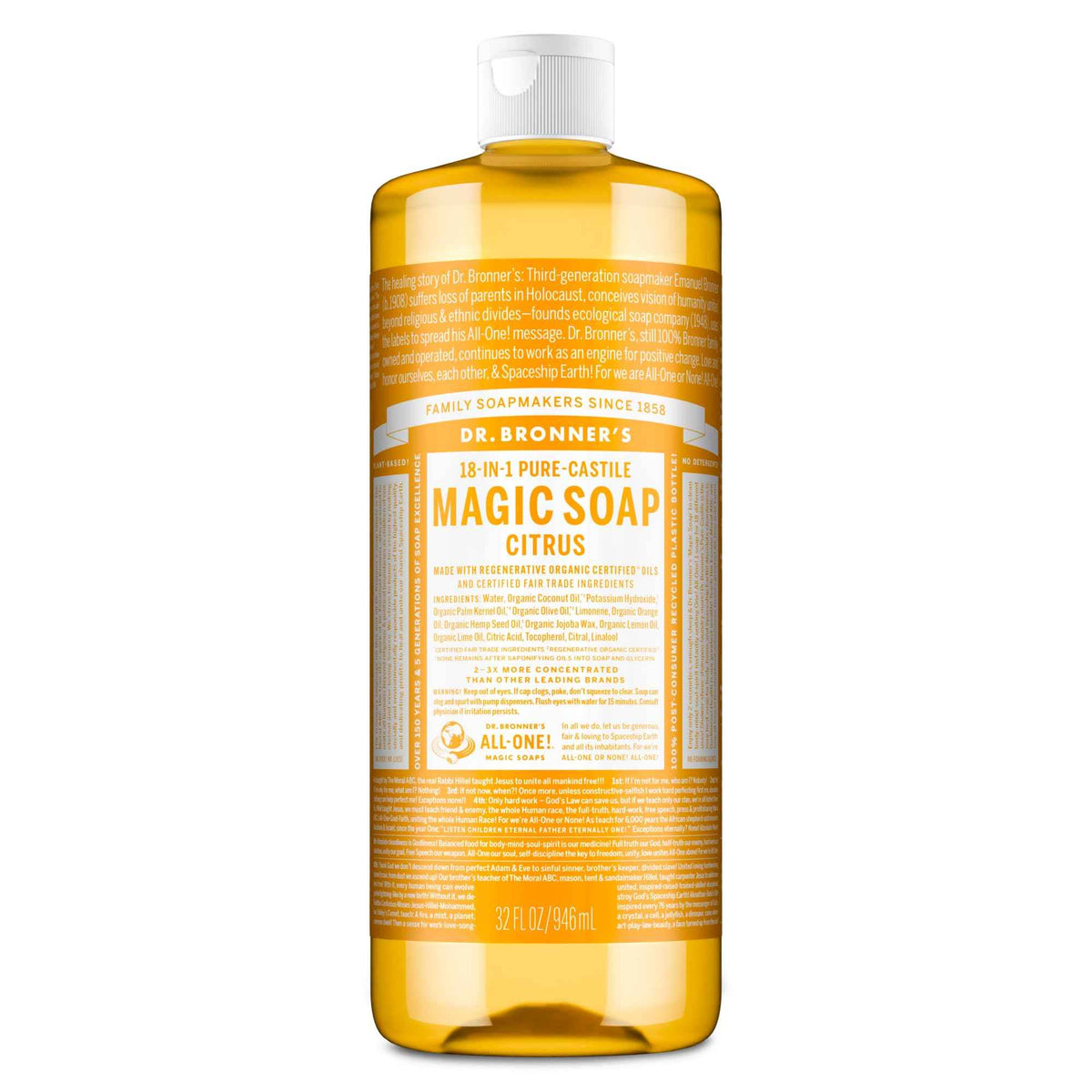 Dr. Bronner’s - Pure-Castile Liquid Soap (Citrus, 946 mL) - Made with Organic Oils, 18-in-1 Uses: Face, Body, Hair, Laundry, Pets and Dishes, Concentrated, Vegan, Non-GMO 🍁 All In One Marketplace Canada