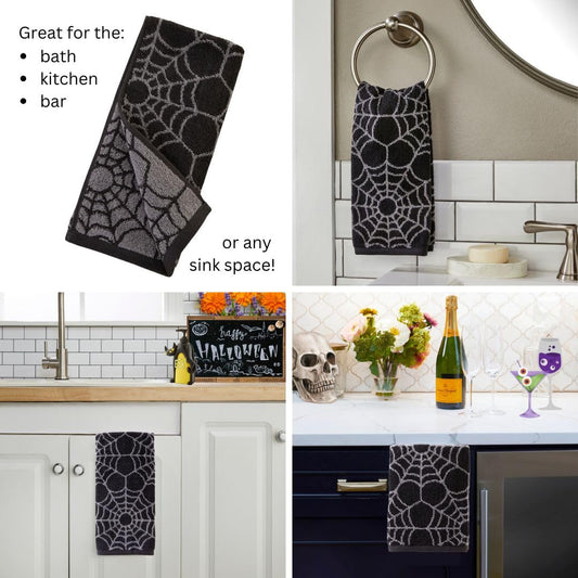 SKL Home Halloween Spider Web 100% Cotton Jacquard 2pc Hand Towel Set, Reversible, Soft & Absorbent, Decorative for Bath/Kitchen/Bar & Gift, Black