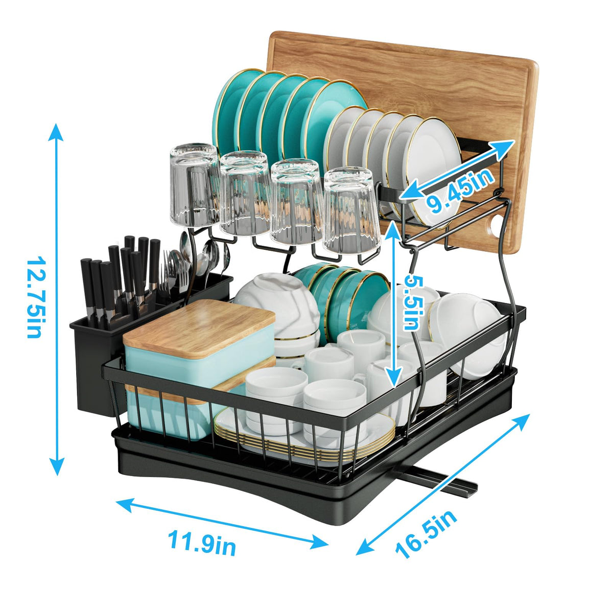 7 code Large Dish Drying Rack for Kitchen Counter,Detachable Large Capacity Dish Drainer Organizer with Utensil Holder,2-Tier Dish Drying Rack with Drain Board,Black 🍁 All In One Marketplace Canada